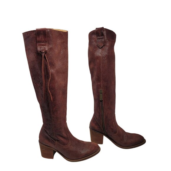 Veracruz Tala Crackle Boots Sz 37 Tall Distressed Leather Oxblood Wine Riding - Picture 4 of 15